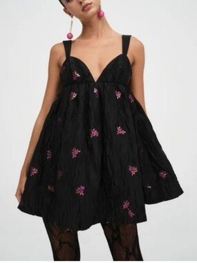 For Love And Lemons size L Black Mini Dress with Pink Floral Embroidery